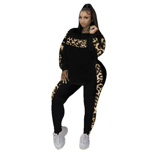 Plus Size L-4XL Fall Leopard Two-Piece Outfit Set JTLFABFASHION