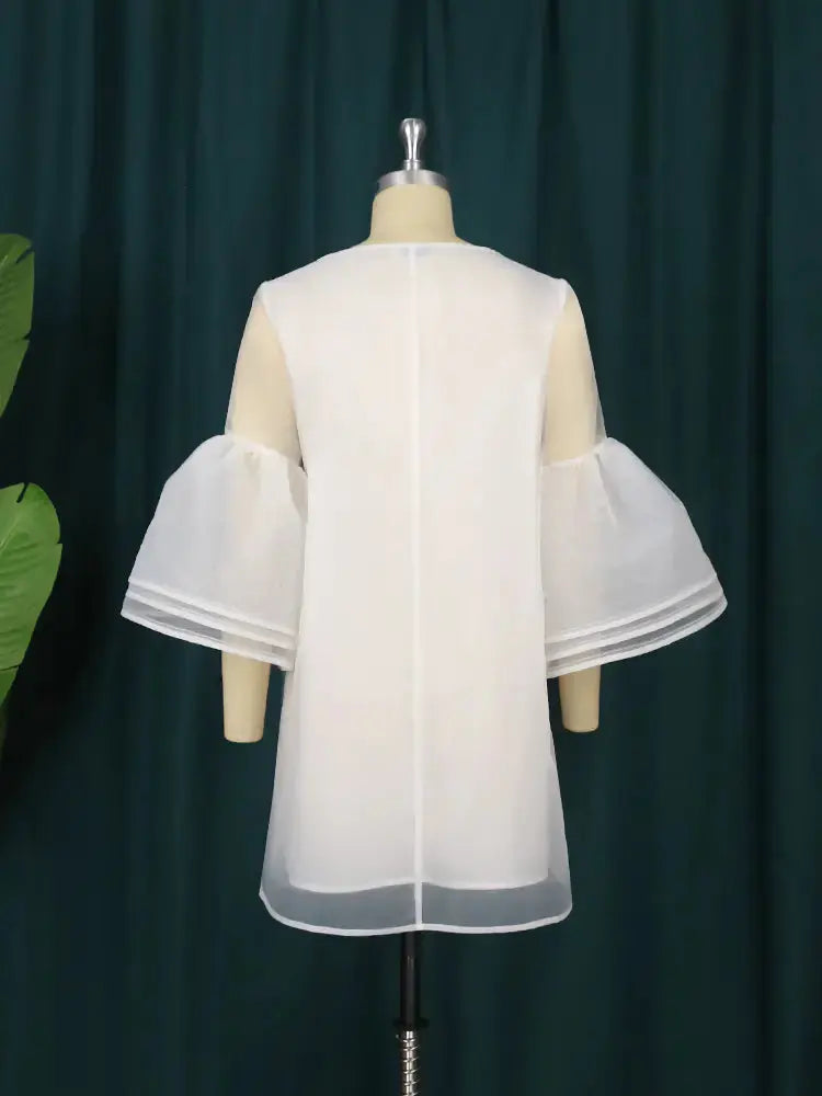 Plus Size 4XL Loose White Mesh Tiered Dress for Women JTLFABFASHION