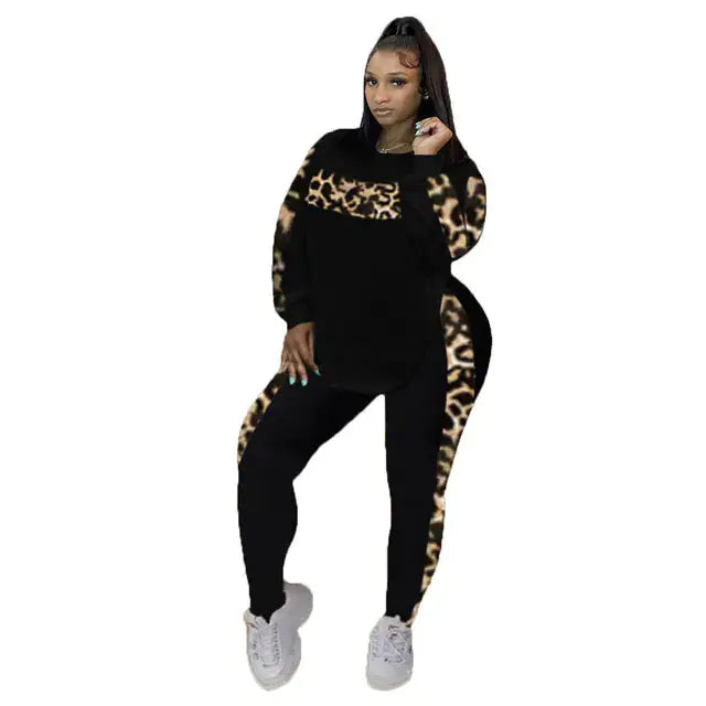 Plus Size L-4XL Fall Leopard Two-Piece Outfit Set JTLFABFASHION