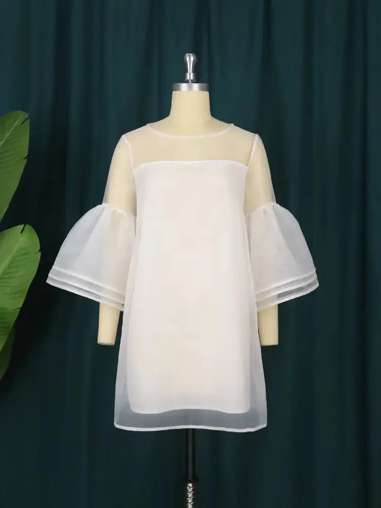 Plus Size 4XL Loose White Mesh Tiered Dress for Women JTLFABFASHION