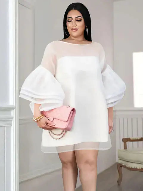 Plus Size 4XL Loose White Mesh Tiered Dress for Women JTLFABFASHION