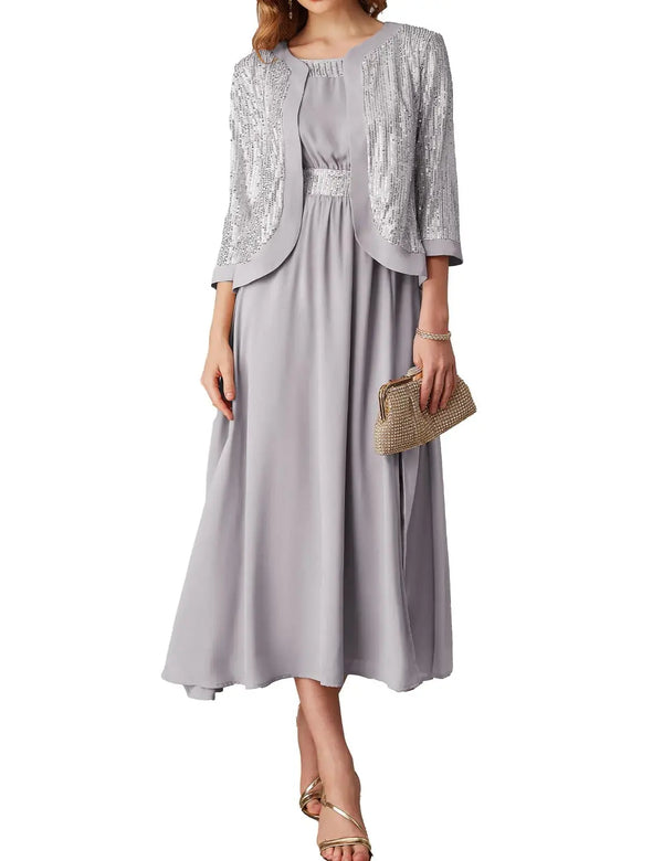 Women’s Sequin Formal Dress – Silver White Two-Piece Gown for Wedding Guest & Mother of the Bride
