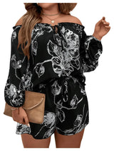 Floerns Womens Plus Size 2 Piece Boho Floral Off Shoulder Frill Trim Drawstring Front Top & Shorts Black 4XL JTLFABFASHION