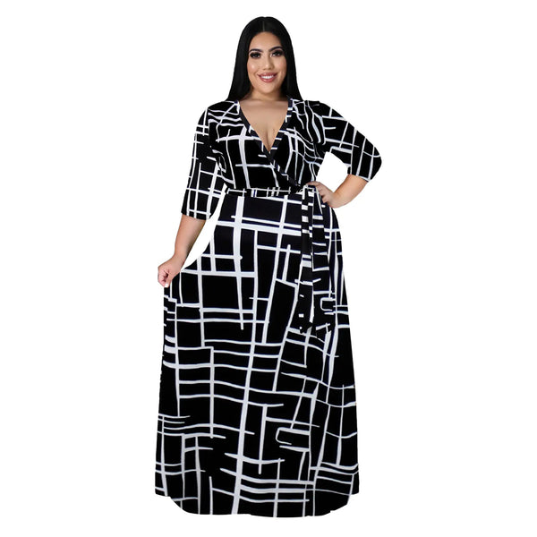 Women's Plus Size V-Neck Print Dress for Spring & Autumn JTLFABFASHION