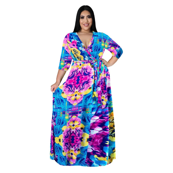 Women's Plus Size V-Neck Print Dress for Spring & Autumn JTLFABFASHION