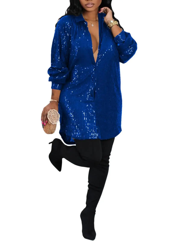 JEKYUARA Women’s Sequin Sparkly Long Sleeve Mini Tunic Clubwear Dress in Blue
