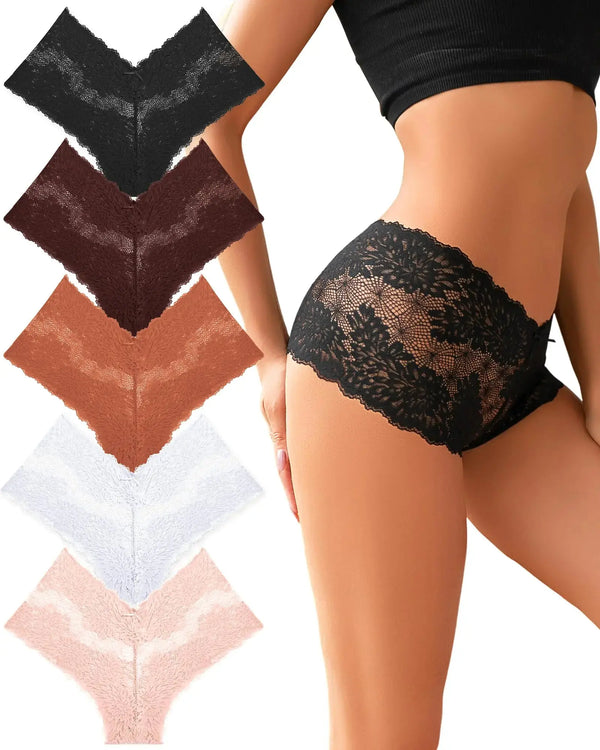 ALL OF ME Women Underwear Sexy Lace Boy Shorts V-Waist Lightweight Seamless Soft Cheeky Panties 5 Pack JTLFABFASHION