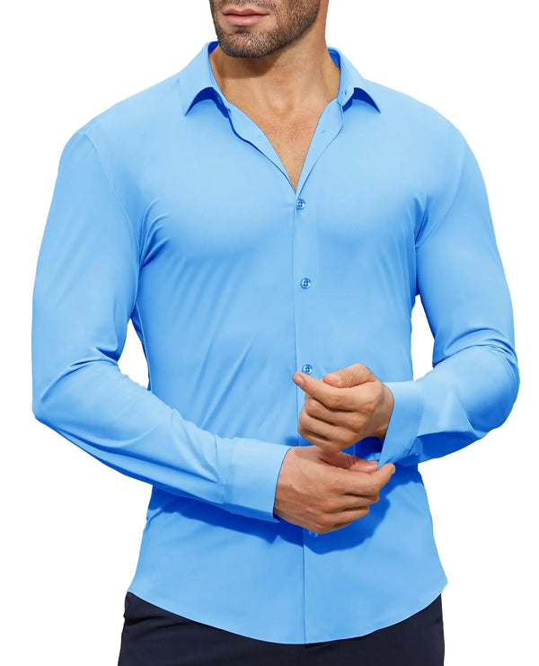 Lion Nardo Men’s Stretch Slim Fit Muscle Dress Shirt – Long Sleeve Button-Down Ice Blue
