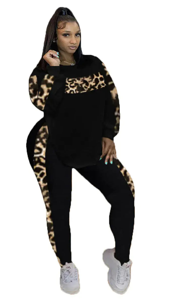 Plus Size L-4XL Fall Leopard Two-Piece Outfit Set JTLFABFASHION