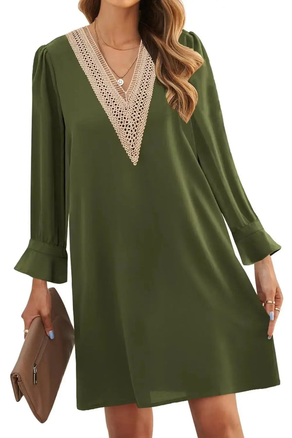 JOCAFIYE Women’s Summer Long Sleeve V-Neck Casual Dress in Army Green
