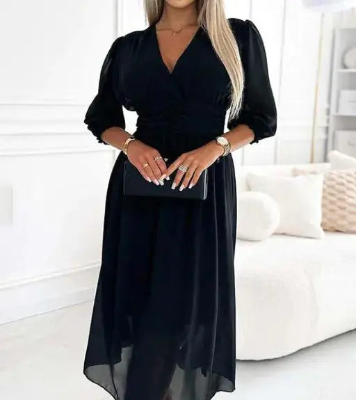 Women’s V-Neck Chiffon Dress – Elegant Flowy Casual Party Dress
