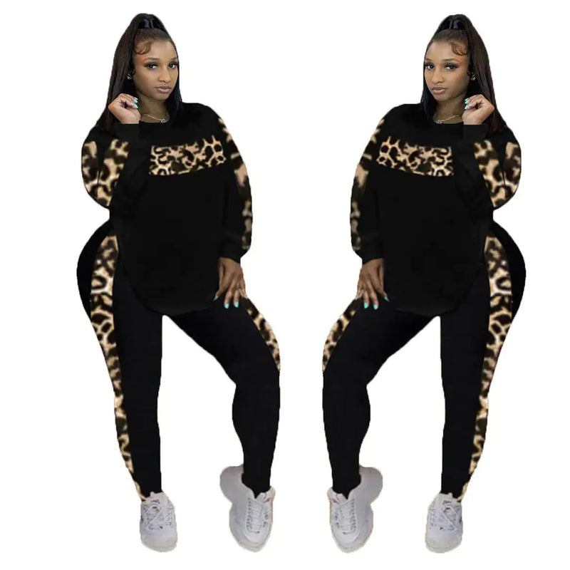Plus Size L-4XL Fall Leopard Two-Piece Outfit Set JTLFABFASHION